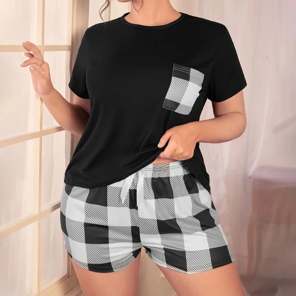 Plus Size XL-5XL Oversized Sleepwear Women\'s Pajamas Set Short Sleeve T-shirt with Plaid Print Shorts Set Outwear Loungwear Pjs