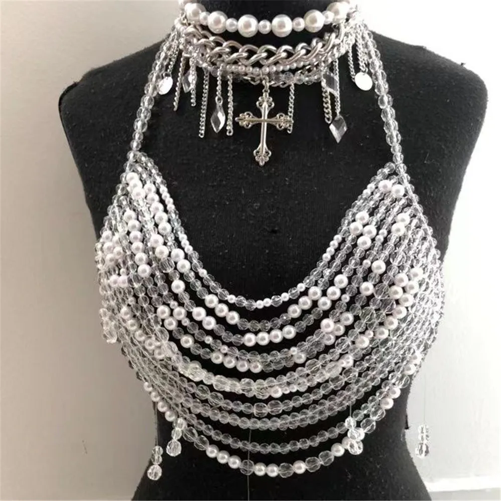 

Multi-Layered Beaded Necklace Bodice, Transparent Strap Body Chain Top, Y2k Hot Girl Nightclub Style Beaded Bodice