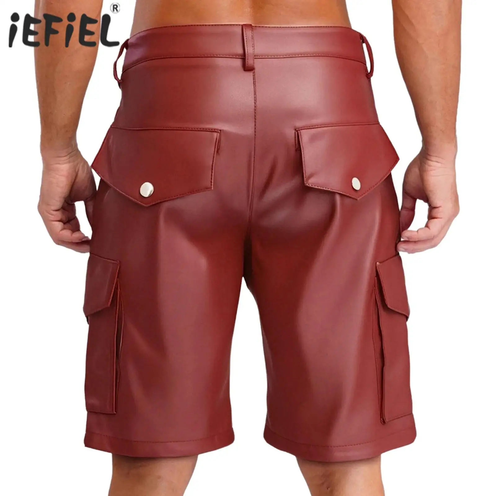 

Mens PU Leather Motorcycle Shorts Flap Pockets Walking Biker Short Cargo Pants Fashion Shorts Punk Rock Party Raves Clubwear