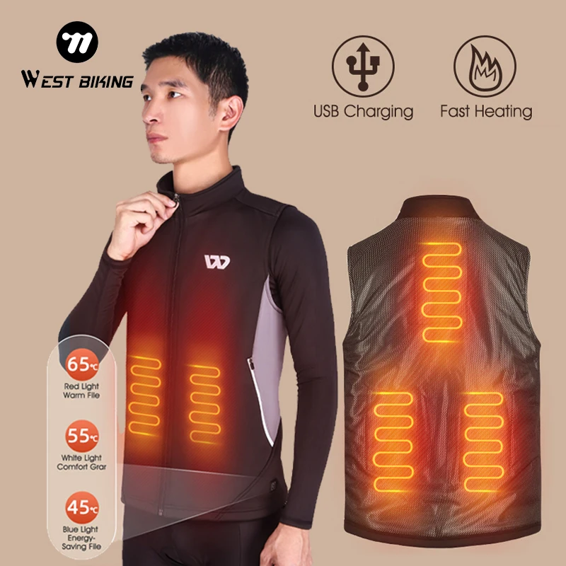 WEST BIKING Heated Vest Jackets Men Women Sports Thermal Cycling Vest Body Warmer Coat USB Electric Heated Clothing Warm Winter