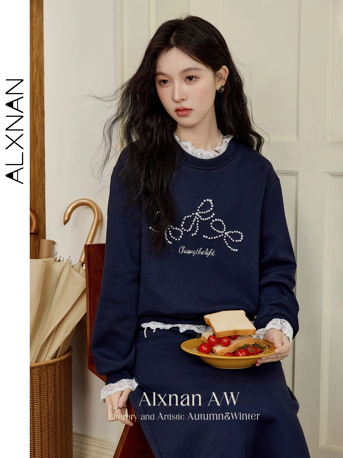 ALXNAN Dames Kant Patchwork Sweatshirts Zoete O-hals Drop Mouw Parel Strik 2024 Herfst Winter Truien Apart Verkocht L50835