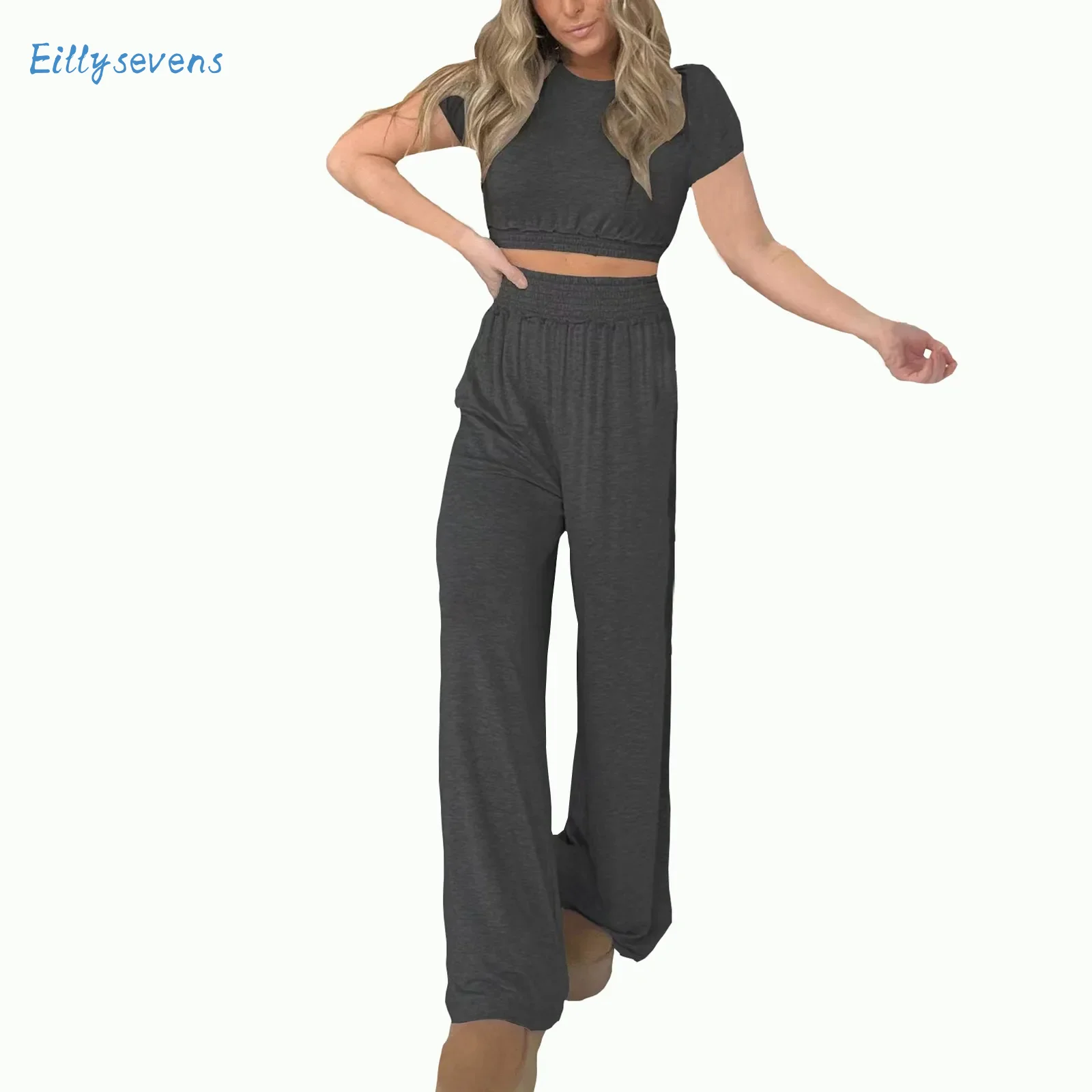 

Women'S Pants Set New Fashion Solid Two Piece Set Round Neck Short Sleeve Crop Elasticated Hem Tops High Waist Soft Trousers Set