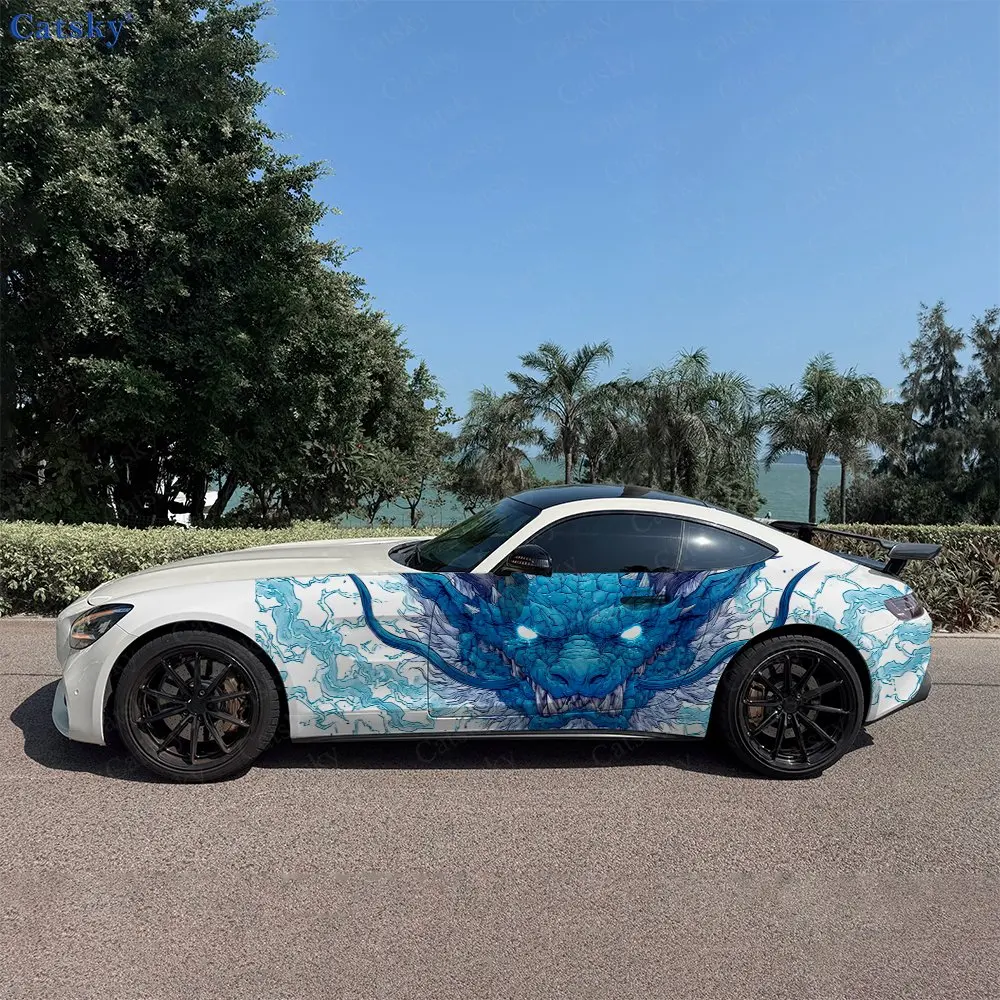 2pcs Blue Lightning Divine Dragon Car Side Wraps, Self-Adhesive PVC Waterproof & Scratch-Resistant Stickers, Car Accessory Gift