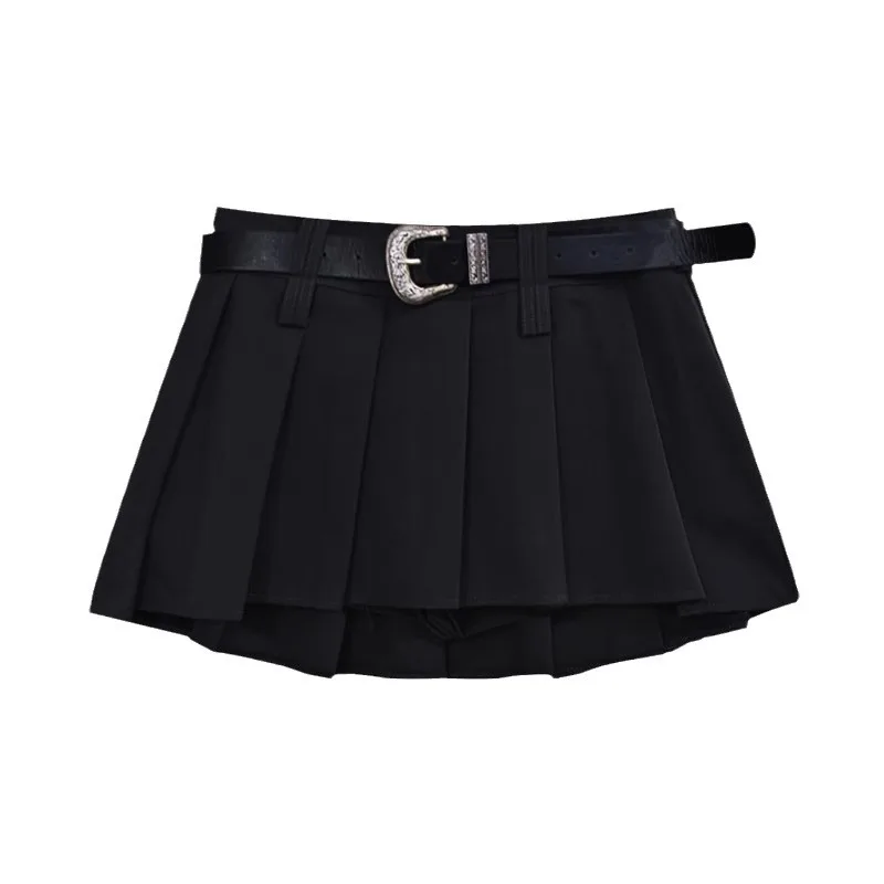 2025 Summer New Black Pleated Mini Skirt with Belt - High-Waisted Fashionable Women's Short Skirt Versatile A-lineirt