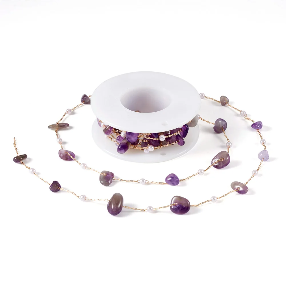 

2M Natural Irregular Amethyst Chips Chain with ABS Plastic Imitation Pearl Bead for Women Necklace Bracelet Lucky Gifts Making