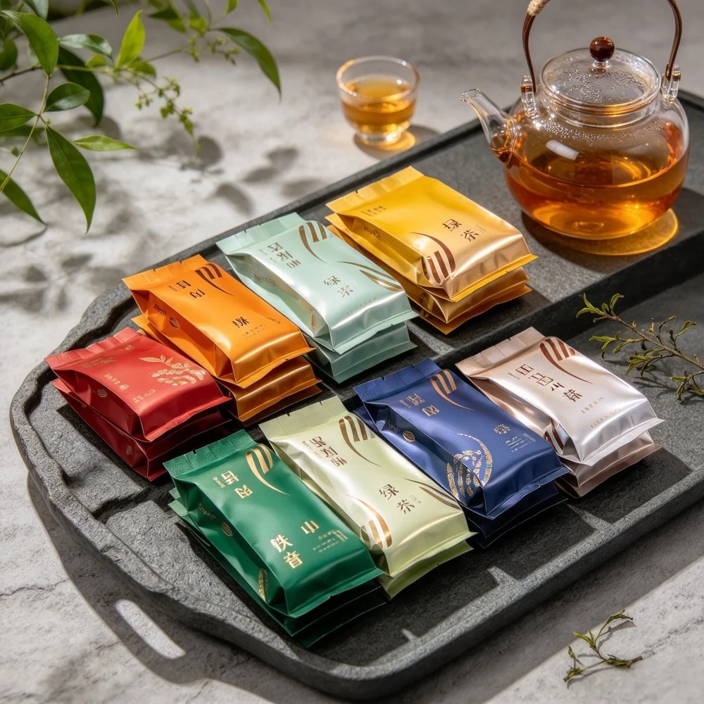16pcs Various Famous Tea Set Colorful Bag Blacktea Green Oolong Jasmine Flower Aluminum Foil Bag Customizable Word Packaging Bag