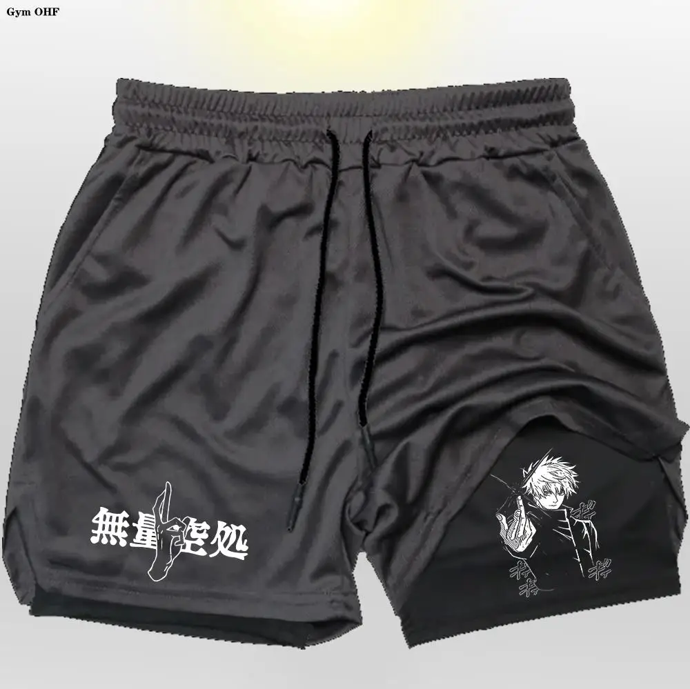 الصالة الرياضية السراويل الرجال 2 في 1 طبقة مزدوجة تجريب الرياضة الركض ملابس رياضية التدريب السراويل الرياضية الذكور الصيف الأداء أنيمي السراويل