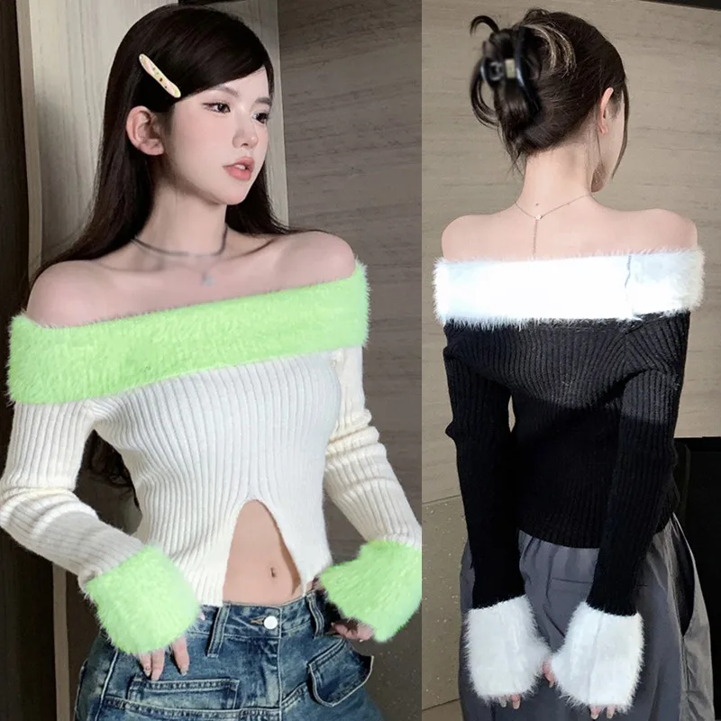 Lint Color Contrast Long Sleeves Pullover Top Knitted Slim Fashion Korean Version Women\'s Sweater Off Shoulder