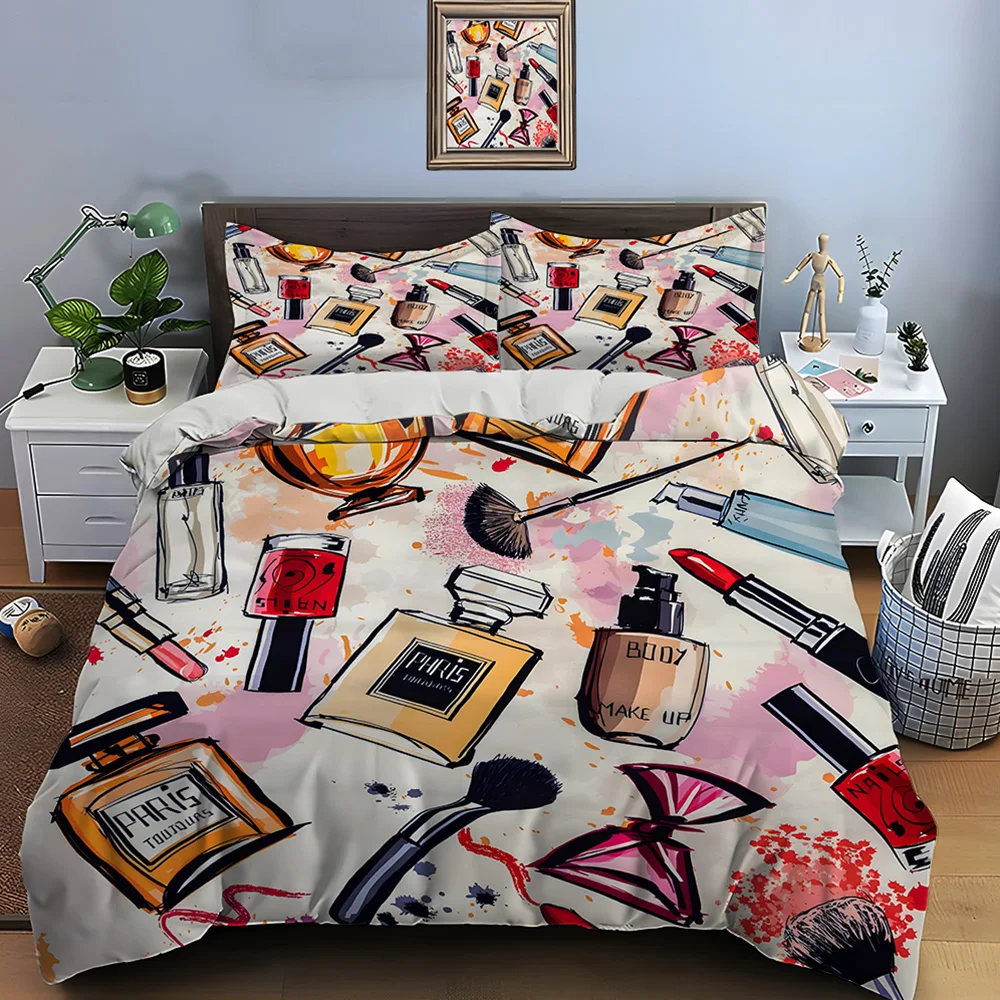 

3PC Fashion Make Up Print Bedding Set Duvet Cover 1 Duvet Cover 2 Pillowcases Adult and Children Bedding Set Luxury Girls Gifts