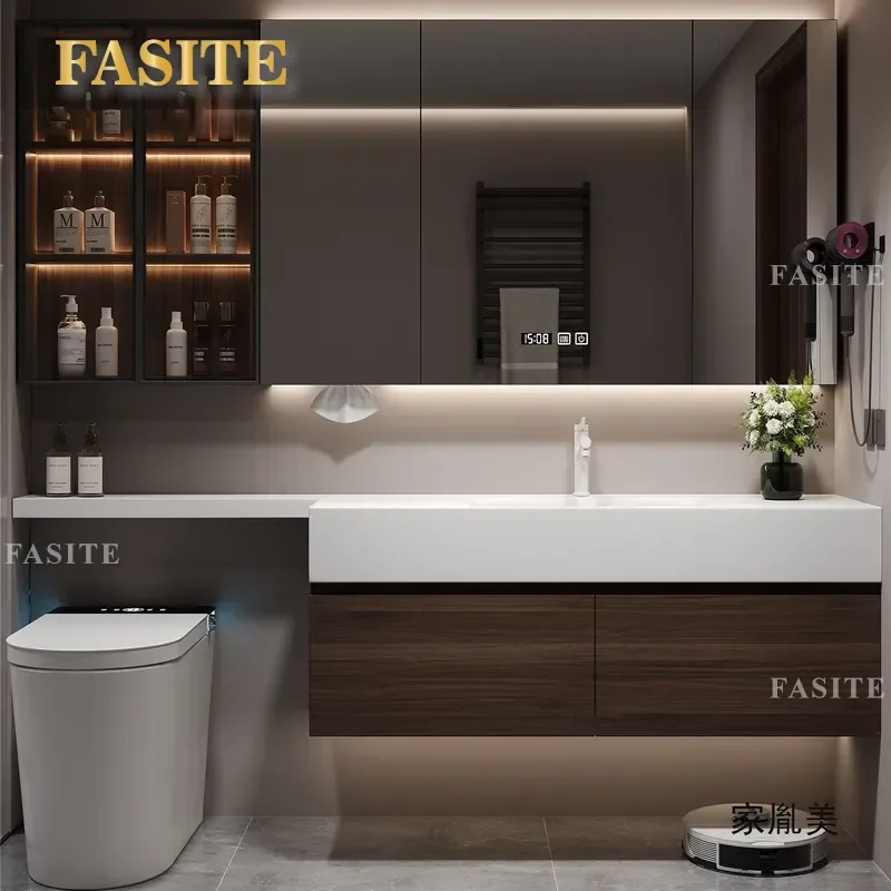 Modern Bathroom Vanity Cabinet with Integrated Rock Slab Sink Hot Bending Washbasin Unit Space Saving Toilet Extension
