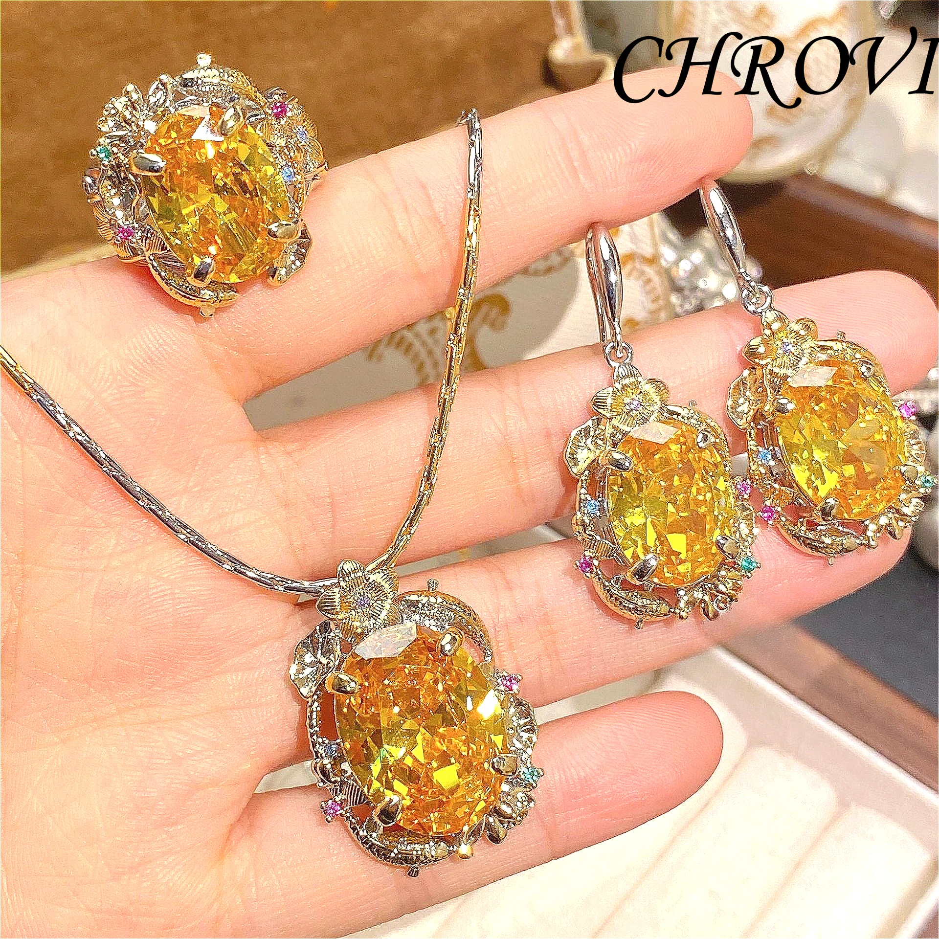 Vintage 925 Sterling Silber Hofstil-Set, Funkelnder Gelber Diamant-Lilienblatt-Multi-Edelstein-Anhänger, Ohrringe und Offener Ring für Damen – Detail 1