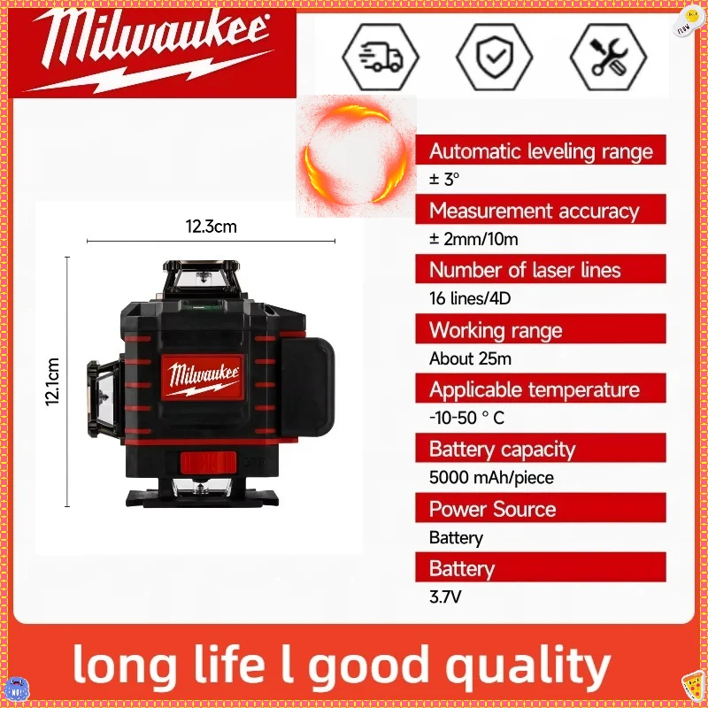 Poziomica laserowa Milwaukee 4-stronna*360 stopni pionowa 4.2V 3-4D 16 linii zielona wiązka samopoziomująca się pionowa linia krzyżowa laserowa