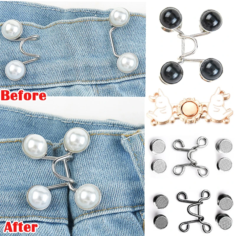 1set Pearl Jeans Waist Buckle Adjustable Nail-free Snaps Fastener Button Detachable Waist Tightener Household DIY Sewing Tools