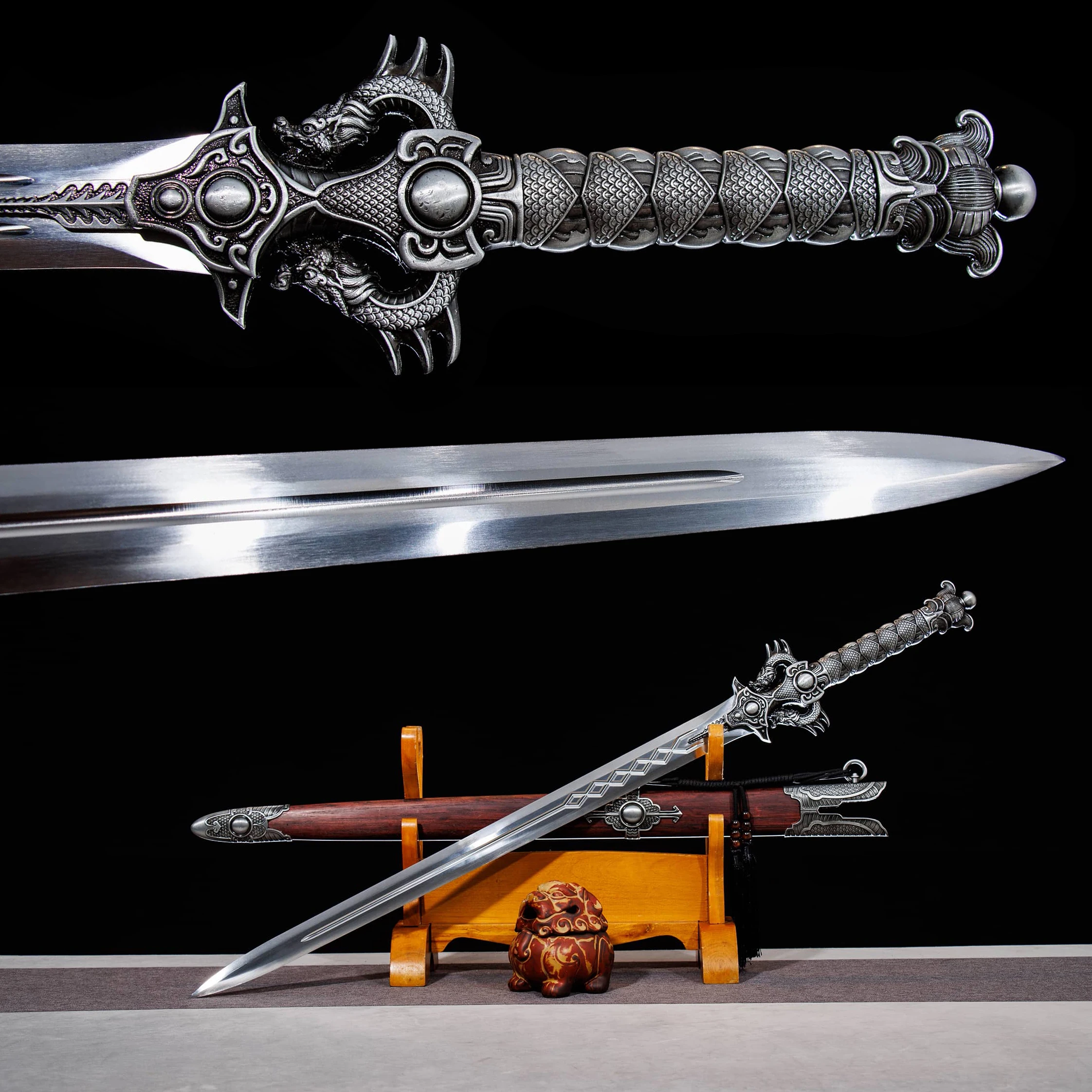 

110cm Medieval Chinese Double Dragon Battle Preparation Sharp carbon steel katana samurai Sword weapons Knight Ninja Shirasaya