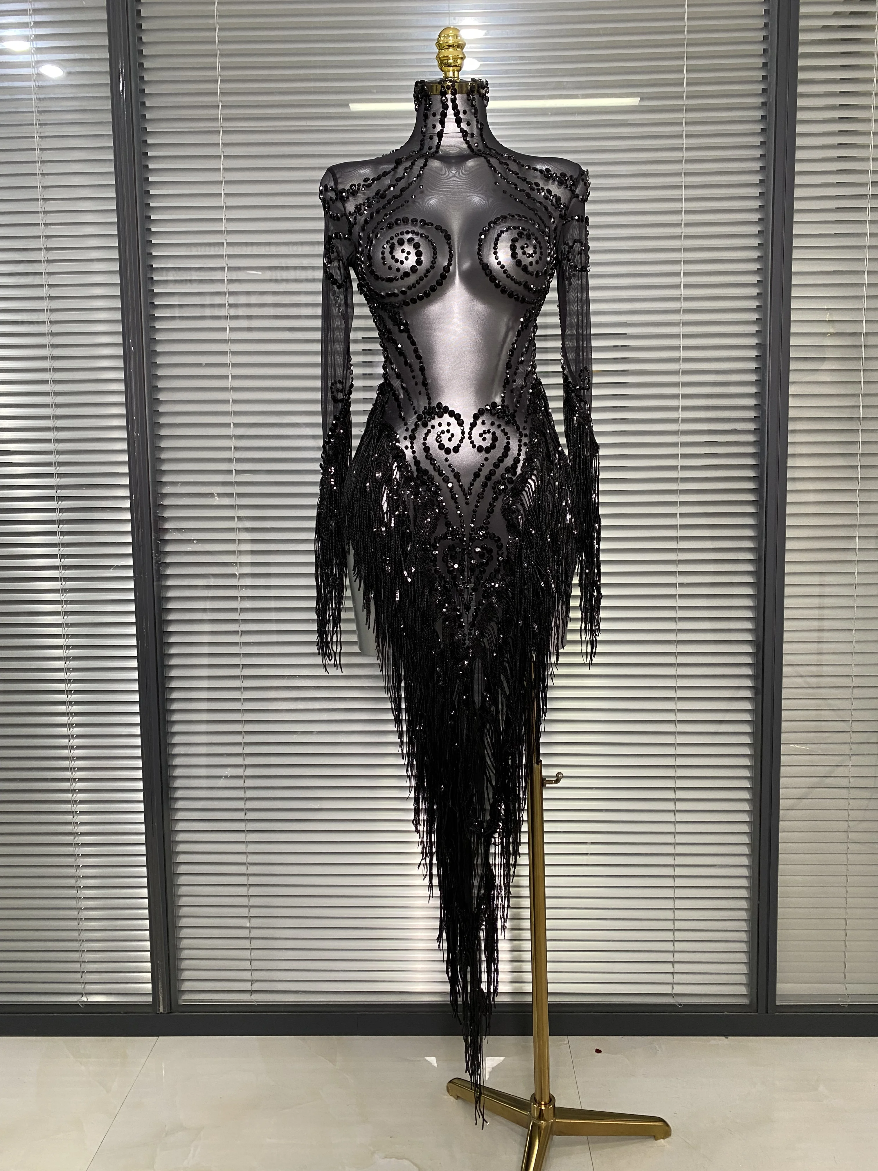 

Women Sexy Mesh Silver Black Crystal Stretchy Night Club See Through Tassel Singer Dancer Stage Costume Mini Party Dress