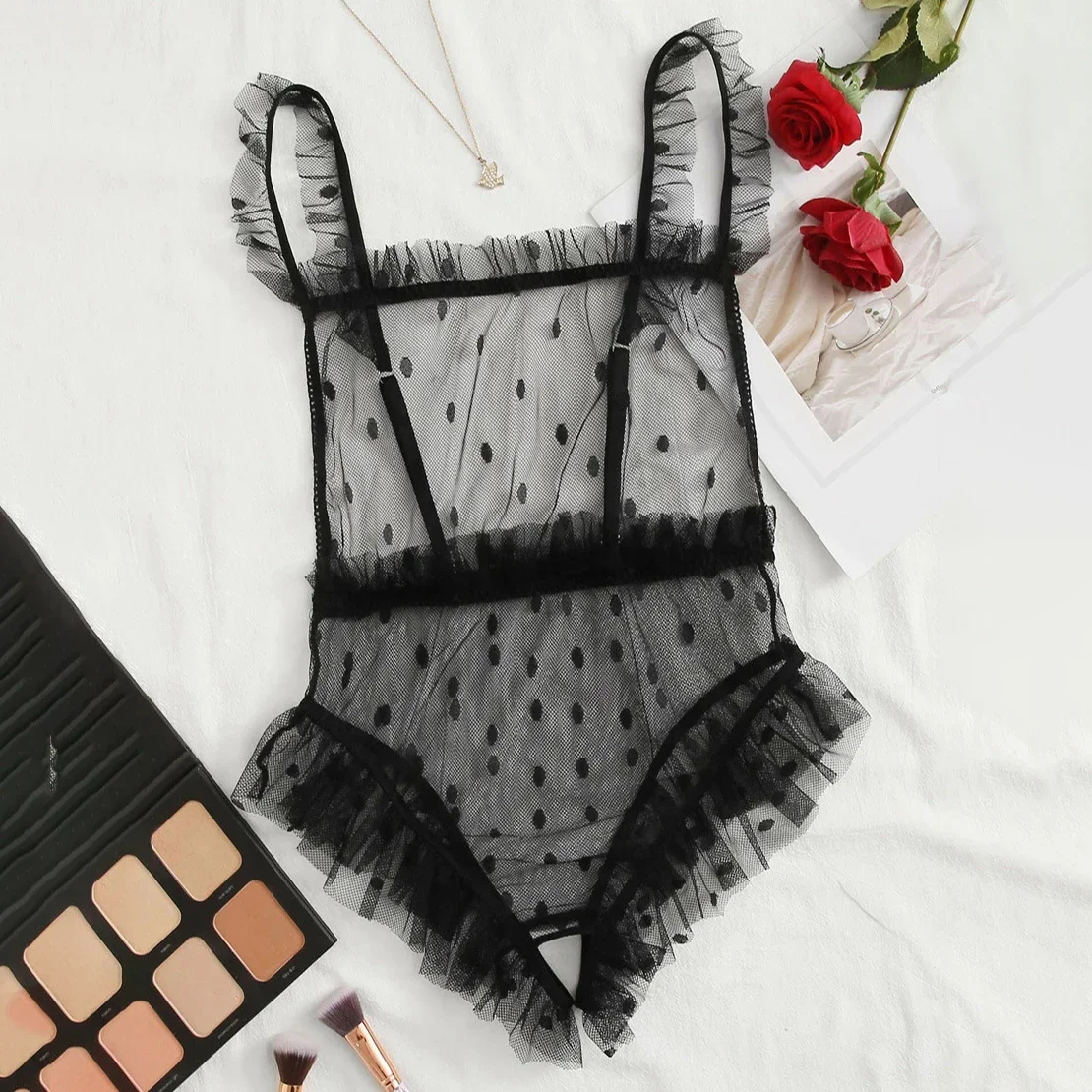 

Butterfly Side Open Crotch Bodysuit Sexy Lace-Up Mesh Bodycon Transparent Lingerie for Women