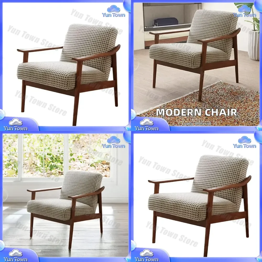 Modern Style Comfortable Cotton Linen Leisure Chair with Solid Wood Frame and Sponge Cushion for Home Living Room Outdoor