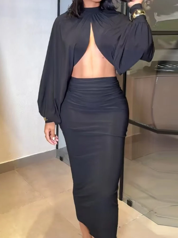 

Women Spring Hollow Out O Neck Top with High Elastic Waist Bodycon Maxi Skirts Two Pieces Set Beach Holiday Ladies Slim Outfits