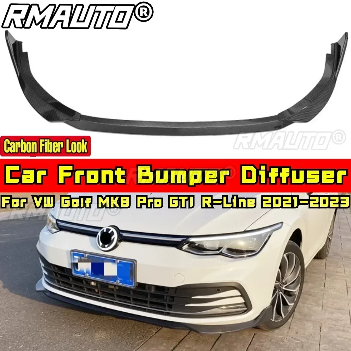 For VW Golf MK8 Pro GTI R-Line 2021-2023 Body Kit Front Bumper Apron Carbon Fiber Look Front Bumper Lip Car Accessories