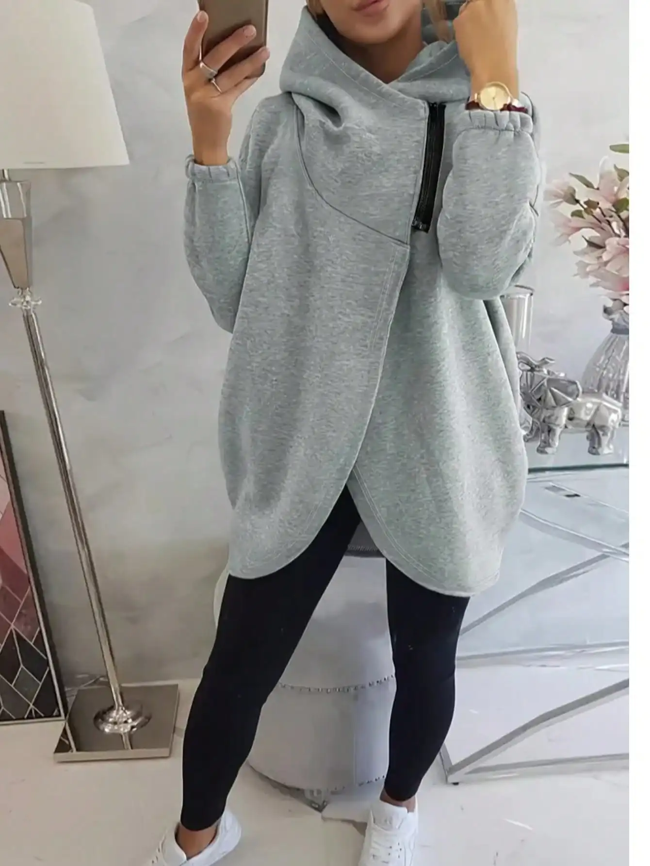 Women's Oversized Hoodie with Zipper & Tulip Hem, Solid Gray Casual Sweatshirt for Autumn