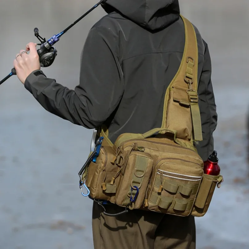 

Fishing Tackle Bag with Rod Holder Fishing Equiments Bait Water Bottle Storage Bag Outdoor Fishing Hiking Cycling Shoulder Pack