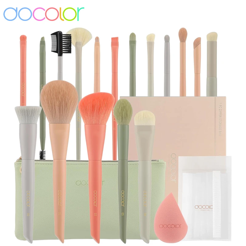 Docolor 17Pcs Makeup Brushes Set Eye Shadow Blush Powder Blending Foundation Cosmetic Brush  With Makeup Sponges And Bag