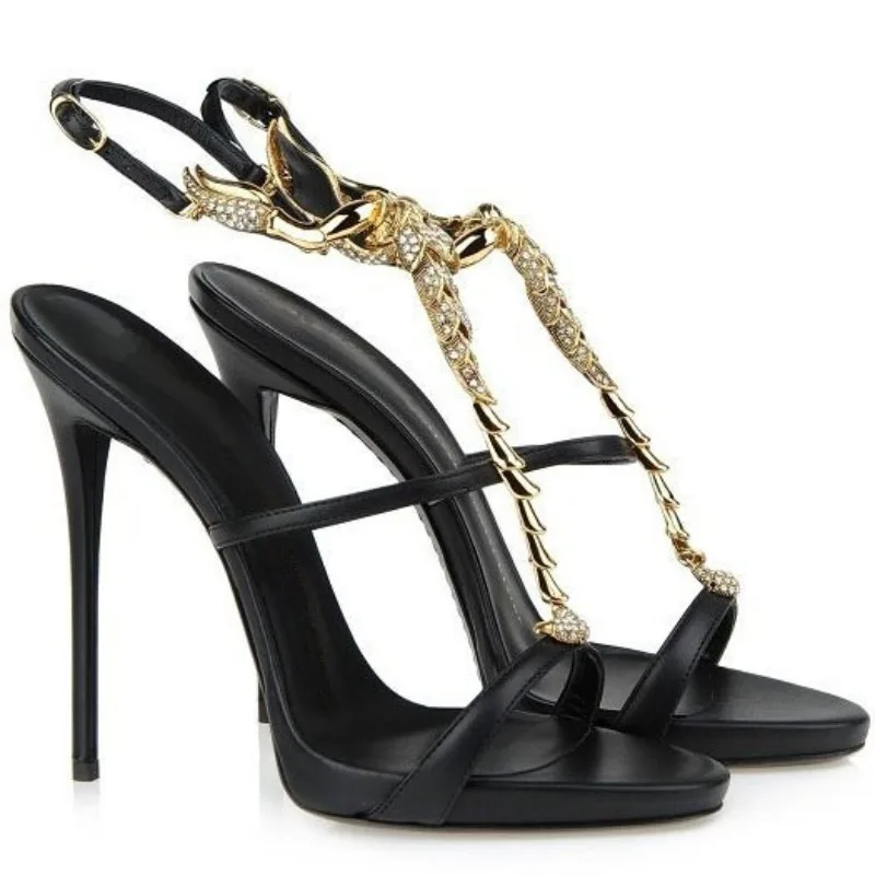 Golden Decor Crystal Heeled Sandals Strappy High Heels Women Luxury Designer Shoes Summer Black Ladies Dress Party Sandalias New