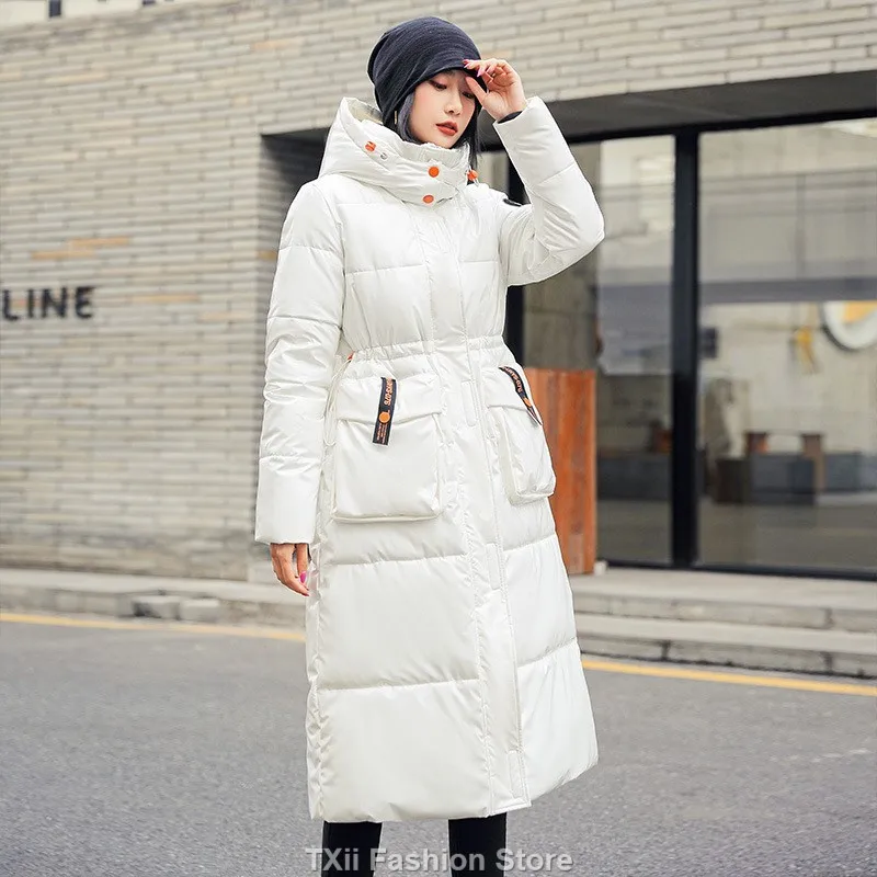 

Winter Feather Coat For Women Long Glossy Down Jacket Parka 2023 New Loose Warm Hooded Snow Jacket 90% White Duck Down Coat