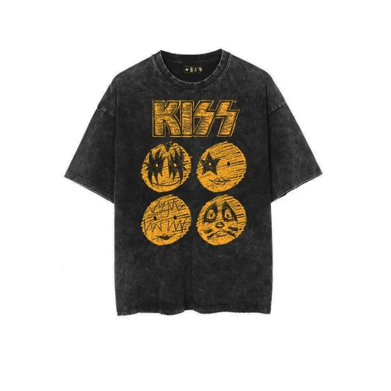 Kiss Mens Tshirt Alive in '77 Rock Band Old Washed Vintage Batik Men and Women Loose Short Sleeve Cotton T-Shirt