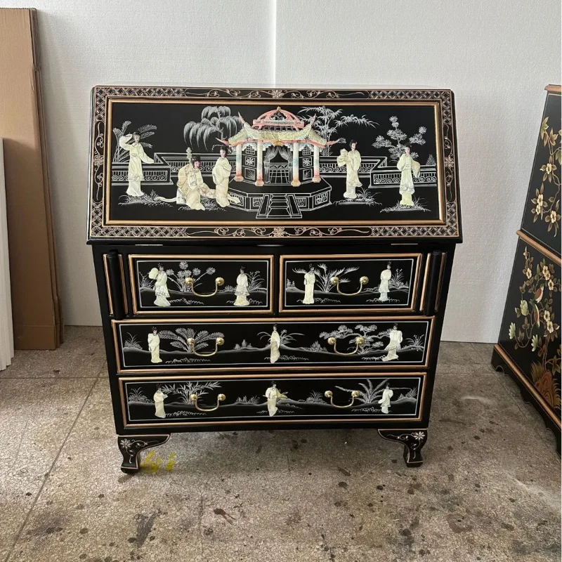 Beauty Shell Craft Dian Figure Inlaid Flip Folding Secretary Cabinet Four Buckets Locker PU Bright Baking Paint