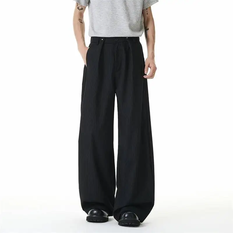 Men's Old Money Style Striped Pleated Silhouette Trousers American Style Drape Straight Loose Wide Leg Black Trousers