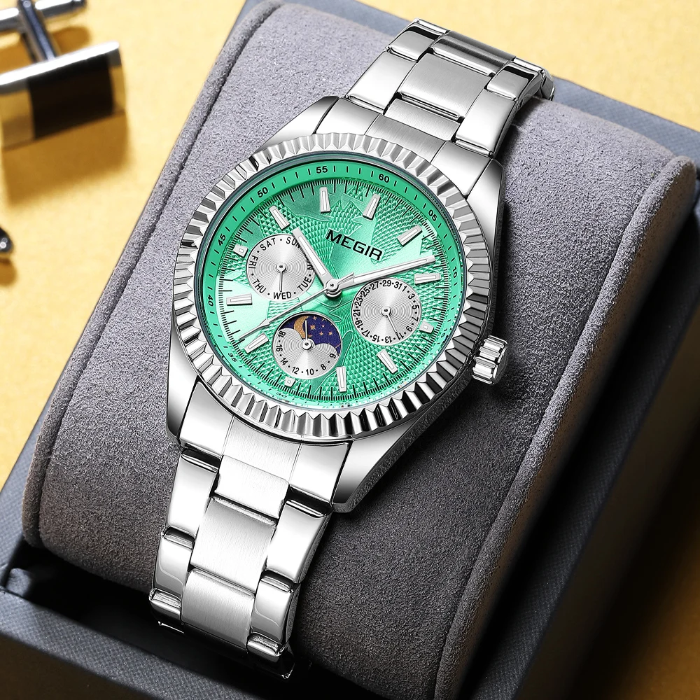 MEGIR Brand Phase Of The Moon Quartz Watch for Men Stainless Steel Waterproof Auto Date Fashion Luxury Dial Mens Wristwatch