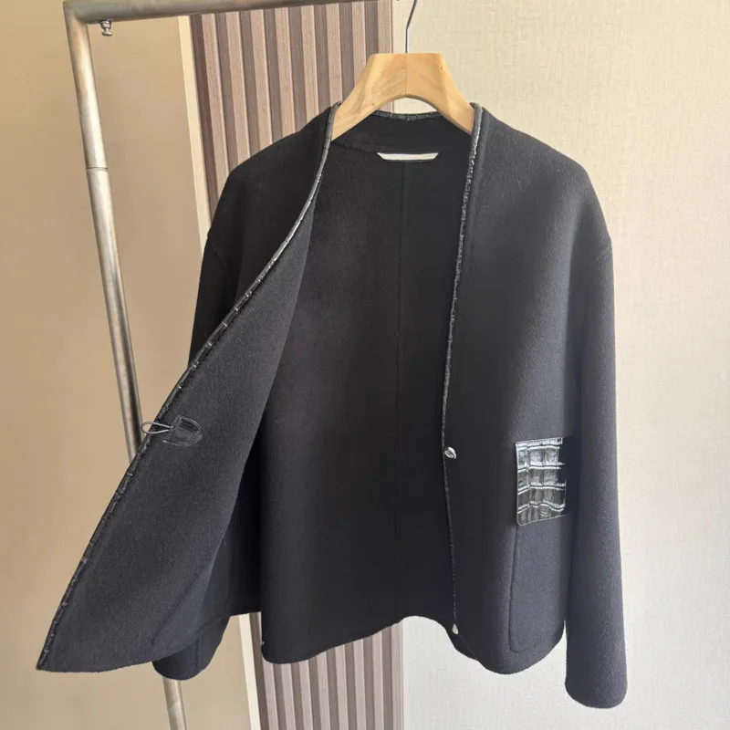 HKSH Herbst Winter Neue frauen Doppelseitige Kaschmir Mantel Patchwork PU Leder Taschen V-ausschnitt Ins Kurze Dicke Jacke HK15968