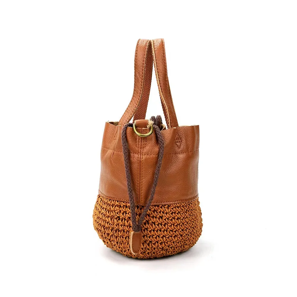 Genuine Leather Handmade Wax Rope Woven Women\'s Bag First Layer Cowhide Single Shoulder Messenger Small Bag Portable Bucket Bag