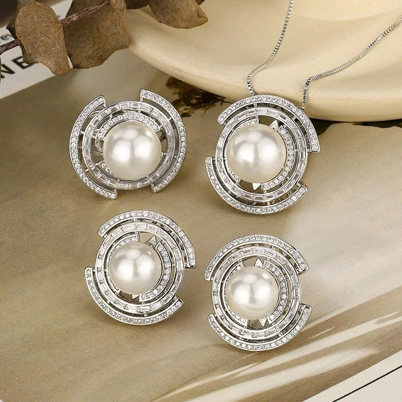 

2025New Pearl O'white platinum gray pearl set necklace, ring, earrings for Women Wedding Bride Jewelry Accessories