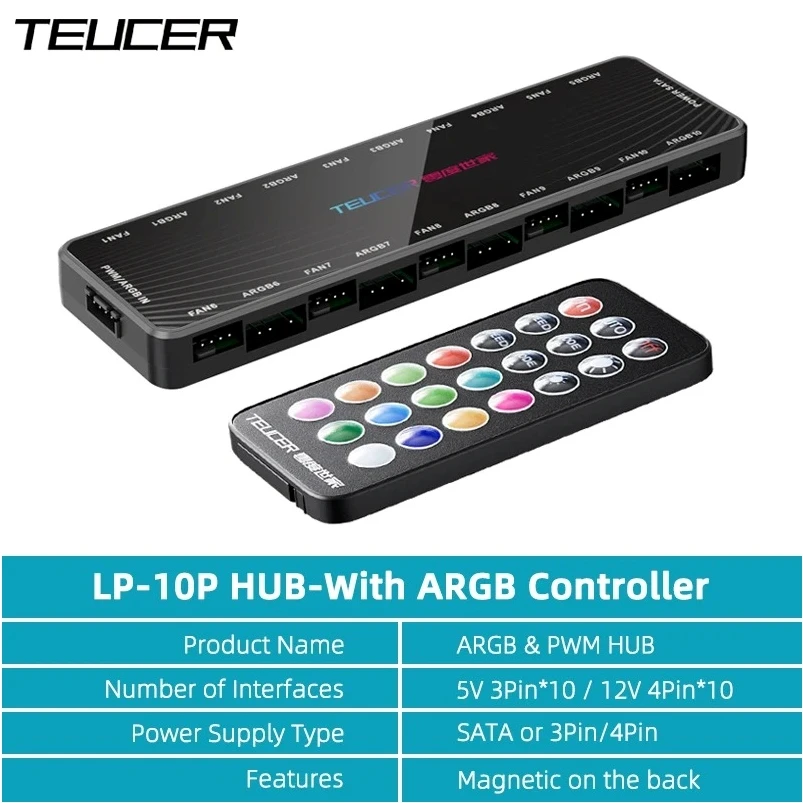 TEUCER LP-10 ARGB/PWM HUB พร้อมตัวควบคุม ARGB 2 in 1 Fan HUB Adapter