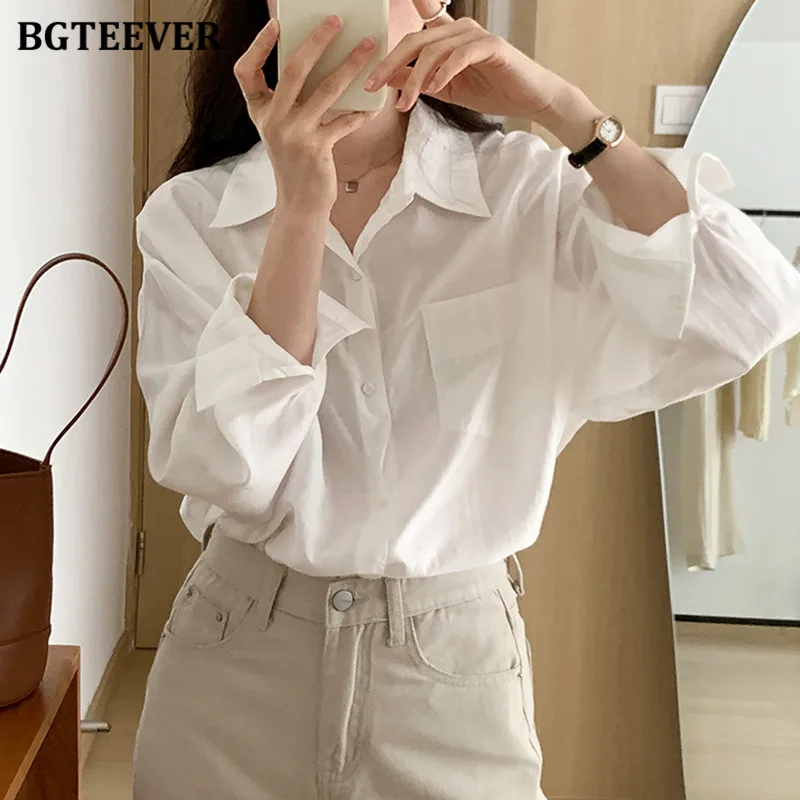 BGTEEVER Casual Full Sleeve Loose Women Blouses Tops Summer Turn-down Collar Pocket Ladies Cotton Shirts Basic