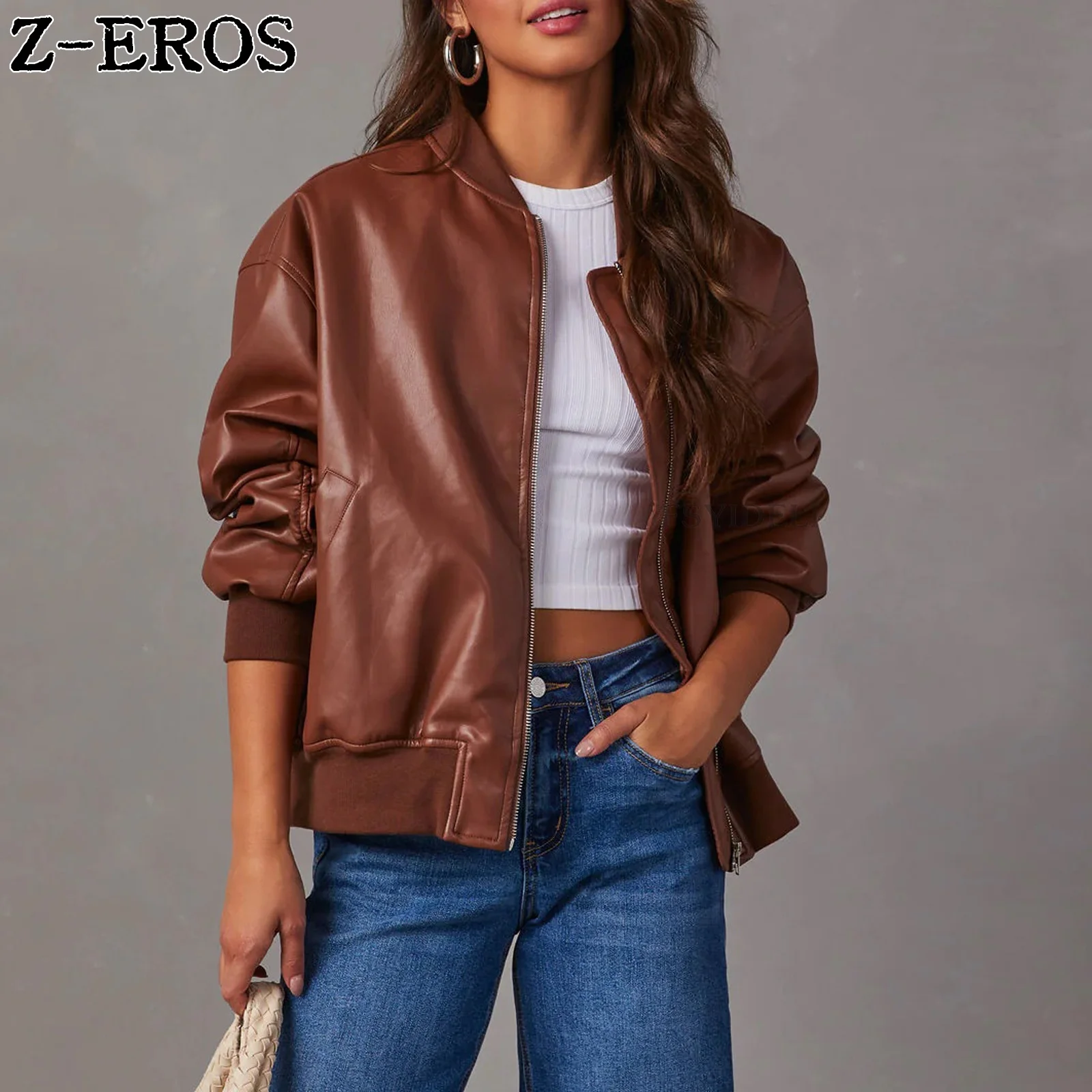 Z-EROS Pu Leather Jacket Solid Color Women\'s Long Sleeved Zipper Loose Autumn Fashion Versatile Street Women\'s Short Coat Pocket