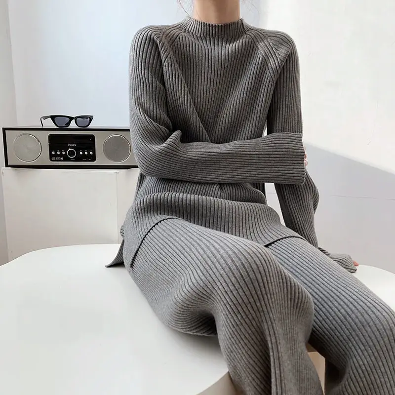 Korean pullover female stylish sweater set knitted wide -leg pants two -piece of sweater 2023 spring long sleeve o neck sweater