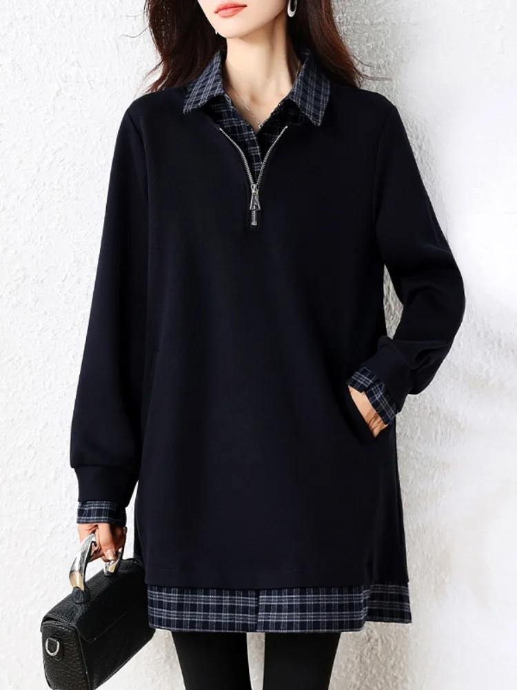 

Black Casual Neck Fake Two-Piece Sweatshirt Women's Mid-Length Top European Style plus Size Autumn New Arrival