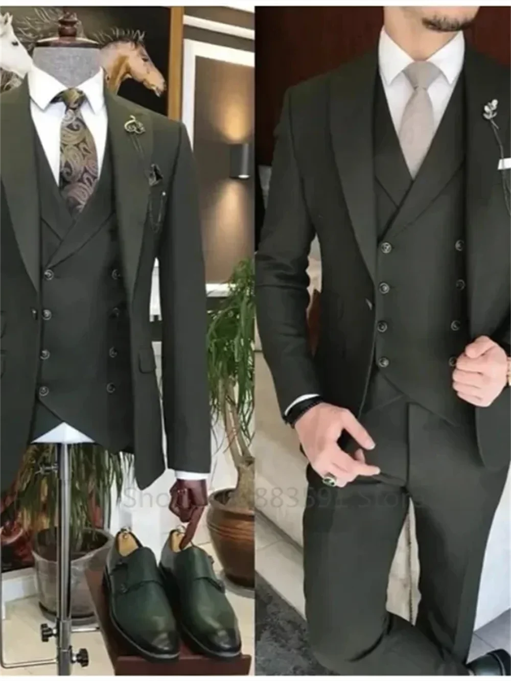 3 Pieces New Business Khaki Formal Men\'s Slim Fit Suits Wedding Groom Prom Terno Masculino Custom Blazer Jacket Vest Pant Sets