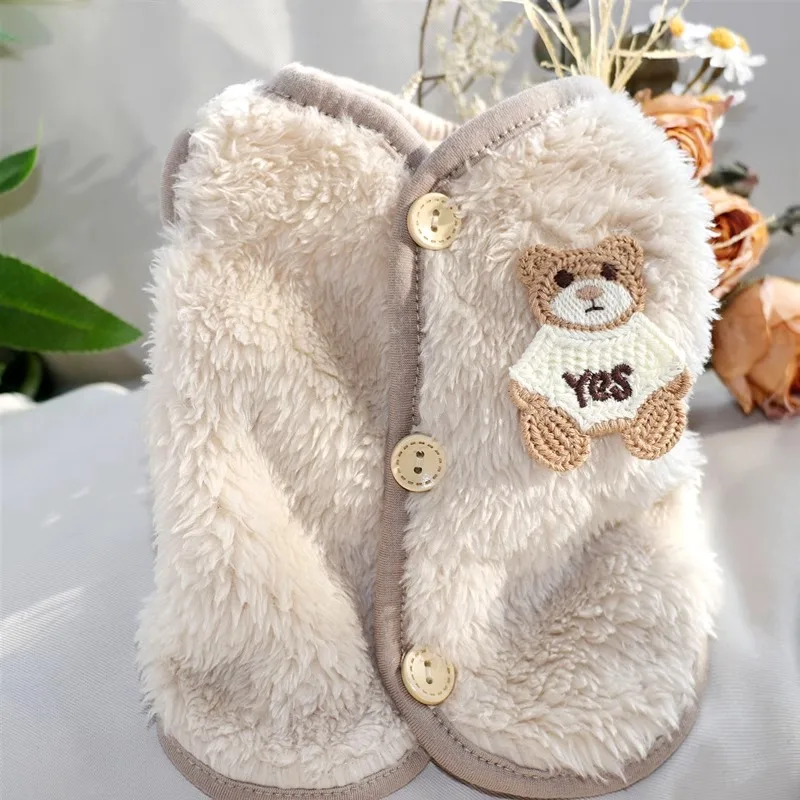 Bear Patch Embroidery Dog Clothes Teddy Winter Vest Bichon Anti Hair Fall Open Button Shirt Pet Small Dog Warm Clothes