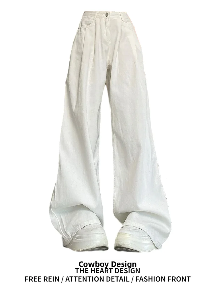 High Waist Wide Leg Denim Jeans Women's Autumn Winter New Style Folded Loose Slim Straight Floor-Length Pants Draping