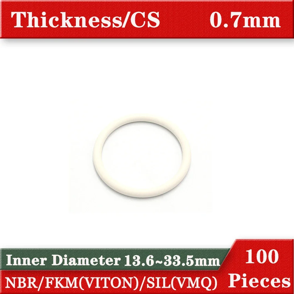 100 Pieces Ring Gasket CS 0.7mm selectable size ID 13.6-33.5mm Material NBR VMQ/SIL FKM/VITON  O type Gasket Rubber silicon ring