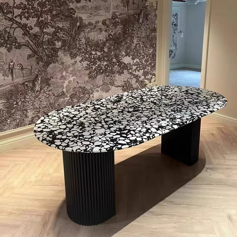 French retro terrazzo dining table oval light luxury stone high-end dining table marble designer medieval table