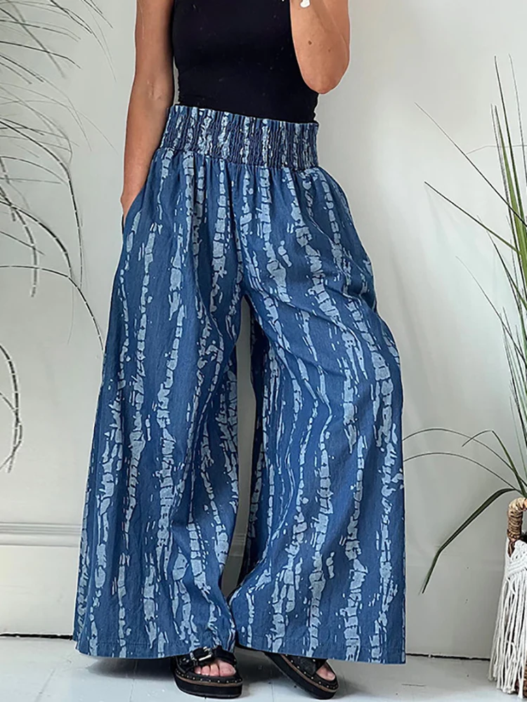 Calça casual plissada de cintura elástica feminina, estampada vintage, calças compridas femininas de perna larga, streetwear solto, verão, 2023