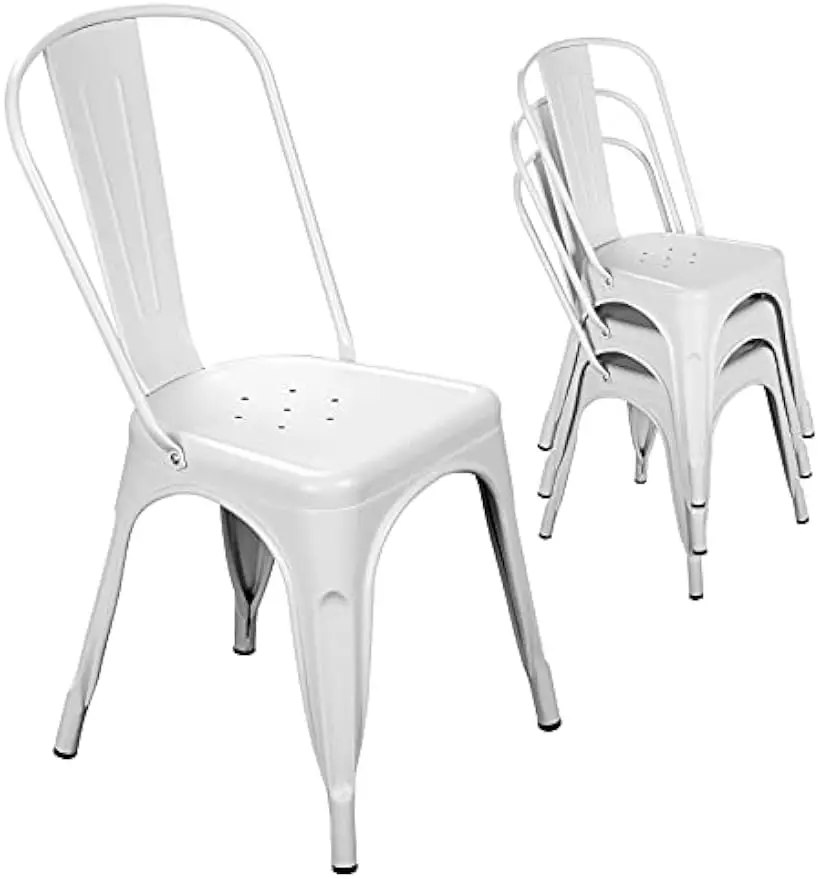 Metal Dining Chair Farmhouse Tolix Style for Kitchen Dining Room Café Restaurant Bistro Patio, 18 Inch, Stackable, Waterproof Indoor/Outdoor (Sets of 4) (White)