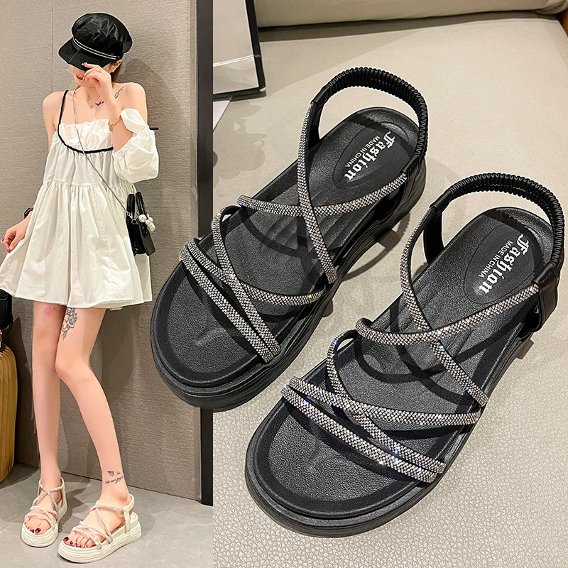 Soft 2024 Sandals Female Shoe Clogs With Heel Med All-Match New Girls Fashion Thick Beige Medium Summer Rhinestone Comfort Solid