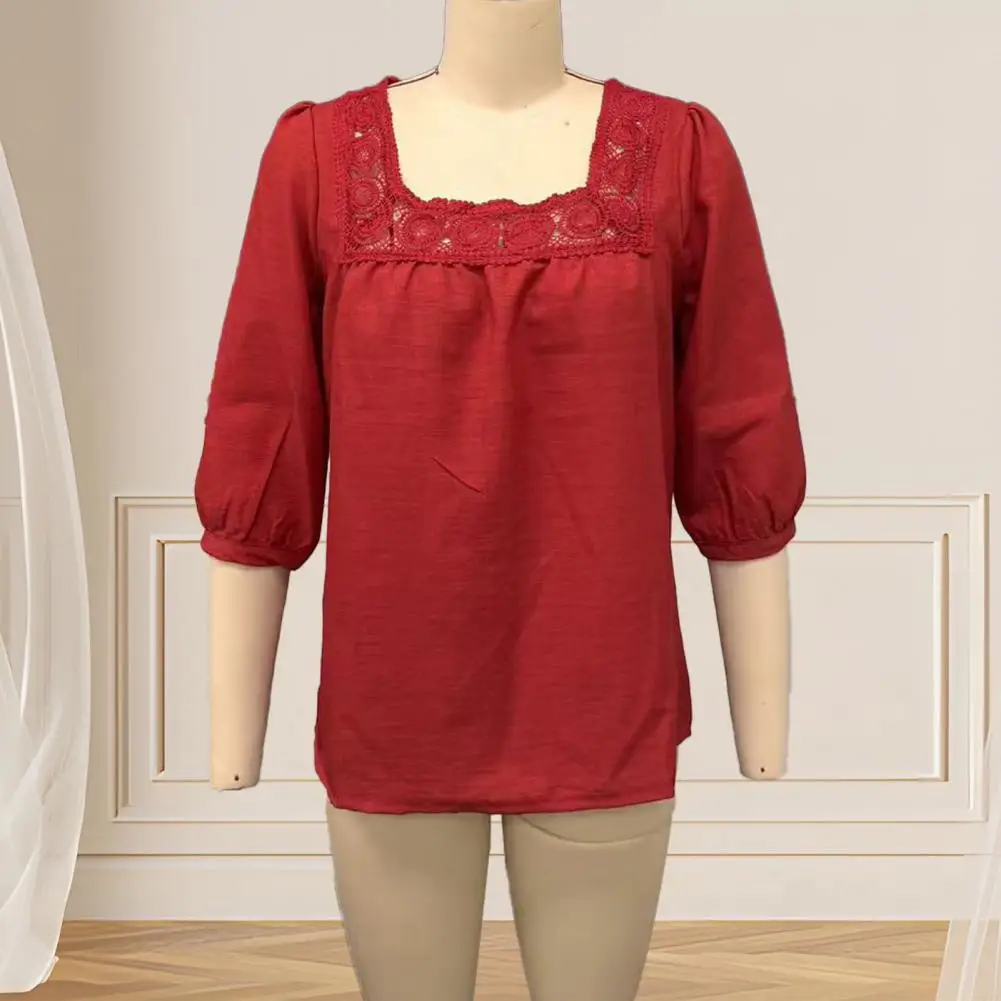 

Women Shirt Square Collar 3/4 Sleeve Pure Color Casual Blouse Loose Fit Lace Splicing Summer Breathable Tops Blouse Regular Fit