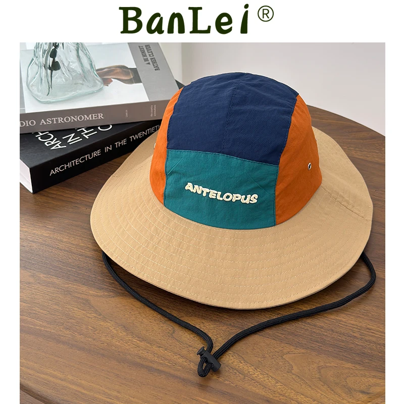 American Outdoor Splicing Embroidery Letter Bucket Hat for Men and Women Sunshade Sunscreen Quick Drying Camping Hiking Cap
